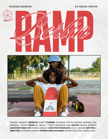 Promotional poster for the film 'Ramp Berlin,' featuring Kadeem Marron and Ra'geena Ruffin. The image shows a young woman sitting on a skateboard with the text 'Ramp Berlin' in bold typography above.